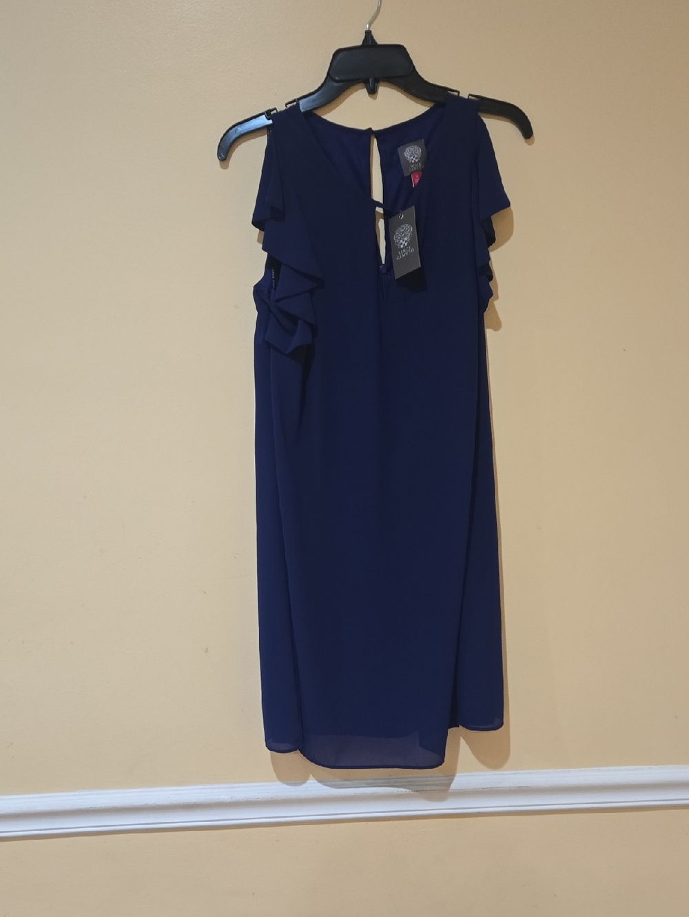 Vince Camuto Deep Navy Ruffle-Shoulder Midi Dress
